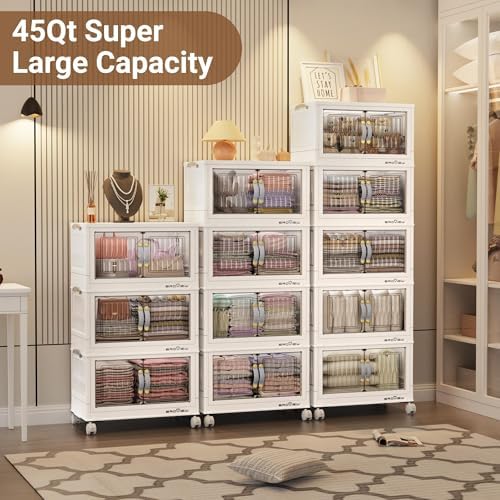 BROVIEW 135Qt Stackable Storage Bins with Lid, Extra Large Closet Organizer Collapsible Drawer Boxes with Wheels, Folding Plastic Cabinet Containers for Home Kitchen Room Organization, 3Pack White - Image 6