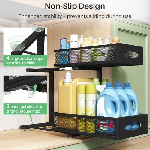 Under Sink Organizer, 2 Tier Pull out Cabinet Organizer Baskets with Mesh Sliding Drawers, Slide out Storage Shelf for Home, Kitchen, Bathroom, Pantry, Office Cabinet, Countertop(1 Pack) - Image 6
