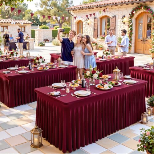 gogoparti 2 Pack Spandex Burgundy Fitted Table Cloth for 6ft Rectangle Tables Burgundy Stretch Tablecloth Table Covers Banquet Table Clothes Wrinkle Free Table Skirt for Parties Wedding - Image 7