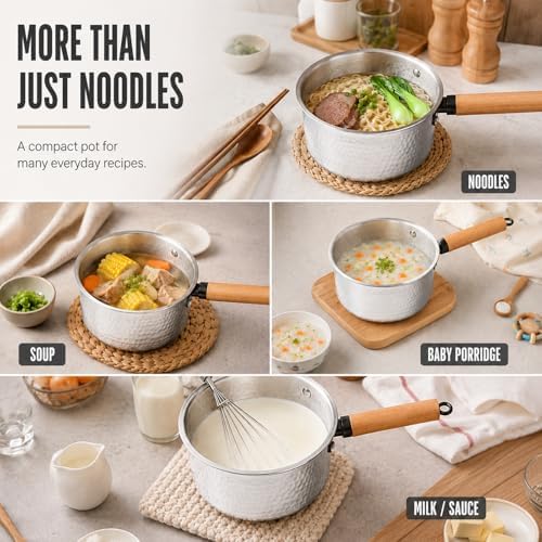 Tri-Ply Stainless Steel Saucepan with Lid, 1.8 Quart - Heavy-Gauge Hammered Exterior, Smooth Interior Milk Pot, Induction Ready Cookware for Ramen, Sauces, Noodles, Stay-Cool Wood Handle - Image 6