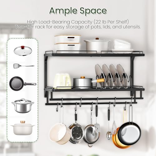 Pot Rack, Wall Mounted Pan Holder, 2-Tier Pot and Pan Organizer, Heavy Duty Pot Hanger with 10 S-Shaped Hooks, Cookware Organizer with 5 Removable Metal Wire Dividers, for Kitchen, Black TPR35BB - Image 6