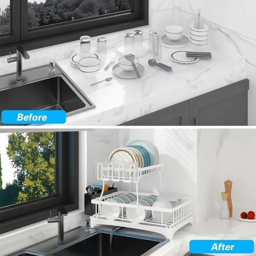Dish Drying Rack for Kitchen Counter, 2 Tier Stainless Steel Sinkside Dish Racks with Drainboard Set, Stainless Steel Rustproof Dish Drainer with Drainboard, Kitchen Removable Cutlery Holder, White - Image 6