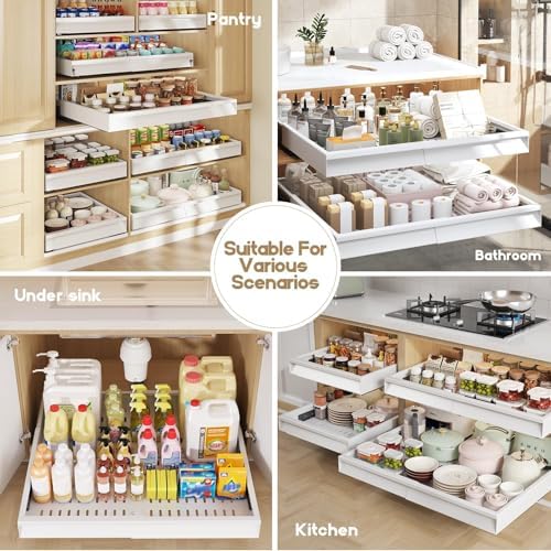 Seinloes Pull Out Cabinet Organizer, 4-Side Expandable to Fit Most Cabinets, 3 Rail Slide Out Drawers with Raising Pad for Framed & Frameless Cabinets, 15"-25" W x 17"-24" D, White, 2 Pack - Image 7