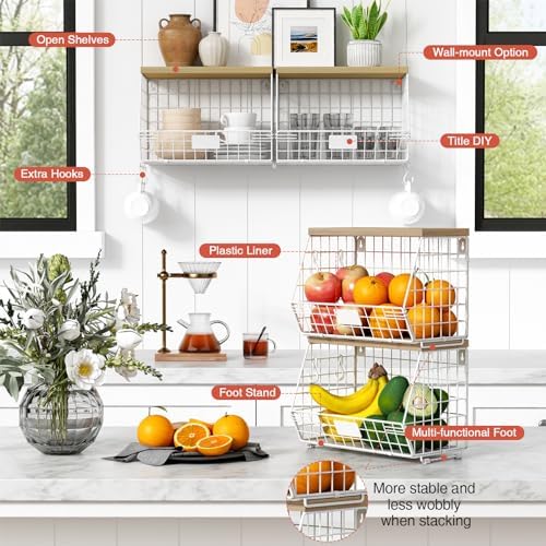 Goozii White Fruit Storage Basket for Kitchen Counter Set of 2, Wall Mount Wire Fruit Basket with Shelf with Banana Hanger, Hanging Countertop Organizer for Bathroom Pantry Cabinet, White + Natural - Image 6