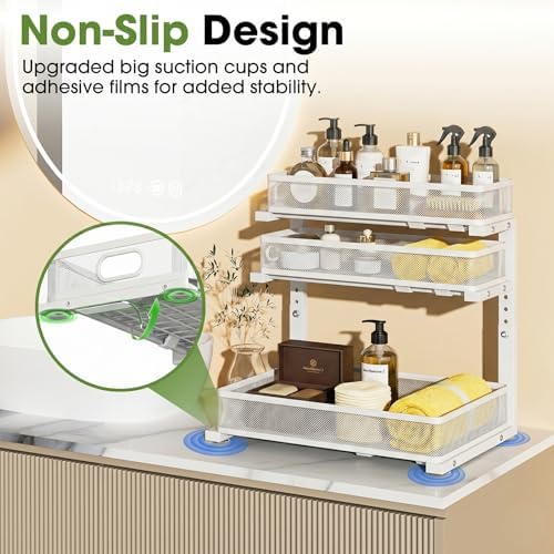 Under Sink Organizer 3 Tier, 2 Pack L-Shaped Pull-Out Cabinet Organizer with Sliding Metal Mesh Drawers, Height Adjustable Under Sink Storage Rack for Kitchen Bathroom Cabinet, White - Image 6