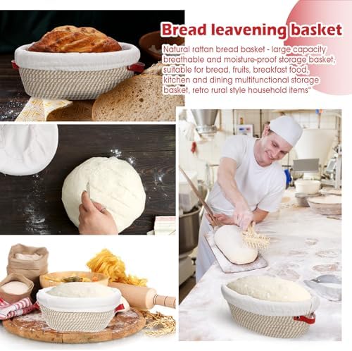 Gejoy 6 Set Cotton Rope Banneton Bread Proofing Basket with Cloth Liner and Plastic Scraper Banneton Dough Sourdough Proofing Bowls Kit for Home Sourdough Bakers (Round, Oval, 9'', 10'') - Image 6