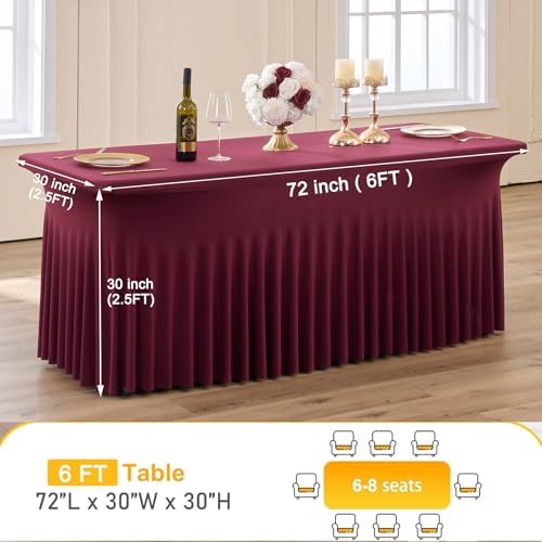 CO-AVE 2pk Burgundy Spandex Tablecloths 6ft for Rectangle Tables, Wrinkle Free Classy Table Skirt Stretchy Fitted Table Cloths Covers 6 Foot for Weddings Birthday Party Events Banquette Baby Shower - Image 6