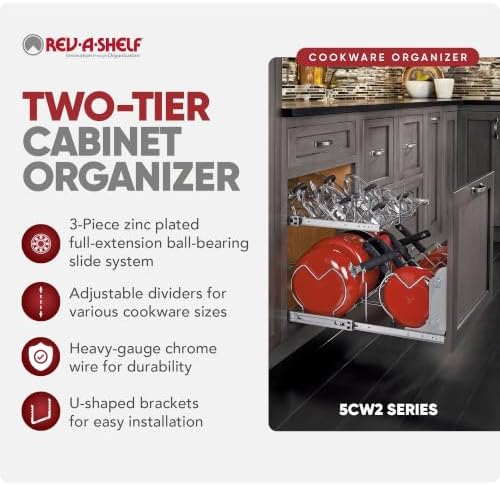 Rev-A-Shelf Kitchen Cabinet Pullout Organizer, Min Open Width of 20.5" | 2-Tier U-Shaped Cookware Storage Rack for Pots, Pans, and Lid Cookware, Adjustable Heavy Duty Wire, Chrome, 5CW-1222-CR - Image 6