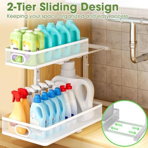 Under Sink Organizer 2-Pack, Metal 2-Tier Pull-Out Cabinet Shelf with Slide-Out Mesh Drawers, Height Adjustable, Space-Saving Under Sink Storage Racks for Kitchen, Bathroom, Laundry Room, White - Image 6