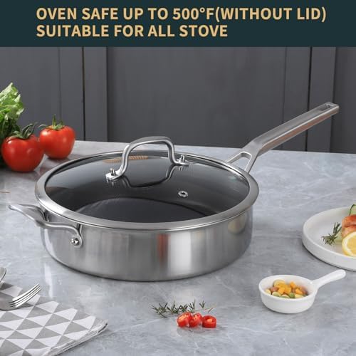 Yeksum Stainless Steel 6 Quarts Saute Pan with lids, Nonsitck 12.5 inch Jumbo Cooker, 3 Layer Deep Frying pan with Stay Cool Handle, Dishwasher and Metal Utensil Safe - Image 6