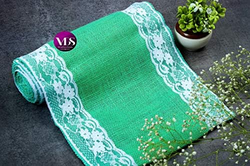 VDS Pack of 10, Burlap Table Runner with White Lace Edge, 100% Natural Jute Rustic Hessian Table Cloth Centerpiece for Wedding Birthday Party Banquet Table Decoration (Size 12X108 Inch)(Mint) - Image 6