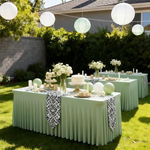Wish Care 6 Pack Sage Green Spandex Table Clothes for 8 Foot Rectangle Tables, 8FT Wrinkle Free Fitted Tablecloths Ruffles Design Table Cloth for Party, Banquet, Wedding and Events - Image 7