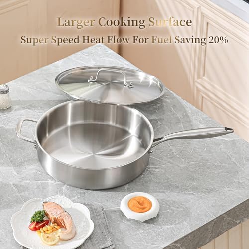 DELARLO 6QT Saute Pan Tri-Ply Stainless Steel Pan 12Inch Deep - Image 6