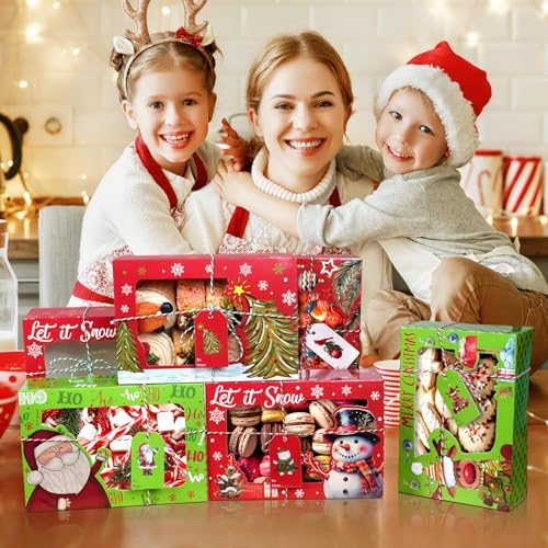 24 Pcs Christmas Cookie Boxes 8.7"x 6"x 2.7" Christmas Bakery Treat Box With Window Tag and Ribbons Goodie Candy Cookie Containers Kraft Paper Cookie Tins for Winter Holiday Xmas Party Gift Giving - Image 6