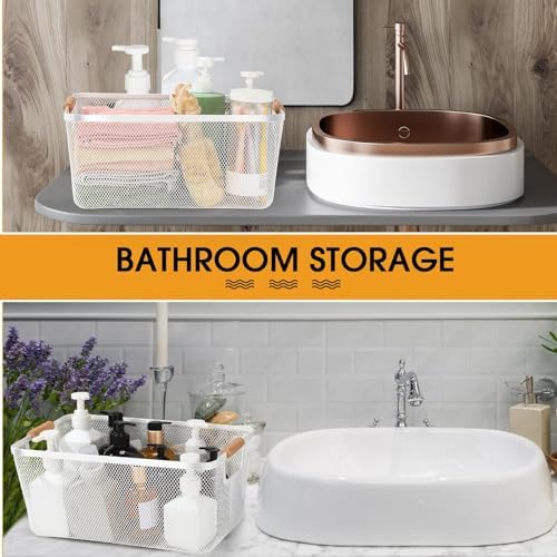 Ziliny 4 Pcs Mesh Wire Baskets for Organizing, Extra Large, Cream White | Metal Pantry Organizers with Wooden Handles, Storage Steel Bin, Kitchen Baskets for Fruit Potato Onion Snacks Bath Cabinet - Image 6