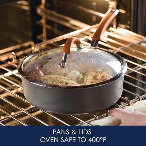 Rachael Ray Cucina Dishwasher-Safe Hard-Anodized Pots and Pans Set Non Stick Cookware, 12 Piece, Gray with Orange Handles - Image 6
