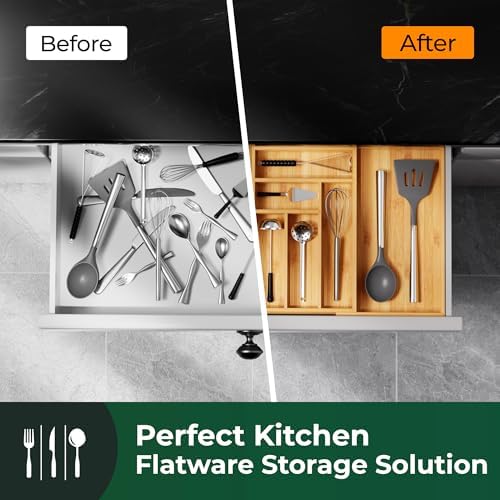Large Silverware Organizer, 13 Slots Magnetic Connected Expandable Bamboo Utensil Drawer Organizer From 21 to 37.4 Inches, Adjustable Flatware and Cutlery Holder, Utensil Tray for Kitchen Natural - Image 7