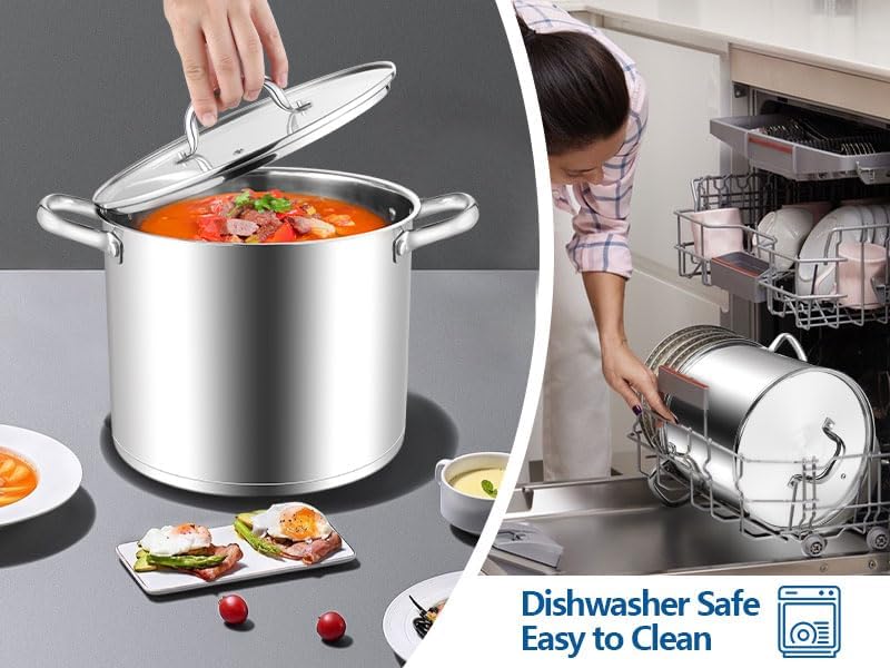 E-far 10 Quart Pot, Stainless Steel Stock Cooking Pot with Glass Lid for Soup Canning Stewing Simmering, Heavy Duty Large Cookware with Triply Base for Induction Gas Ceramic Stoves, Dishwasher Safe - Image 7