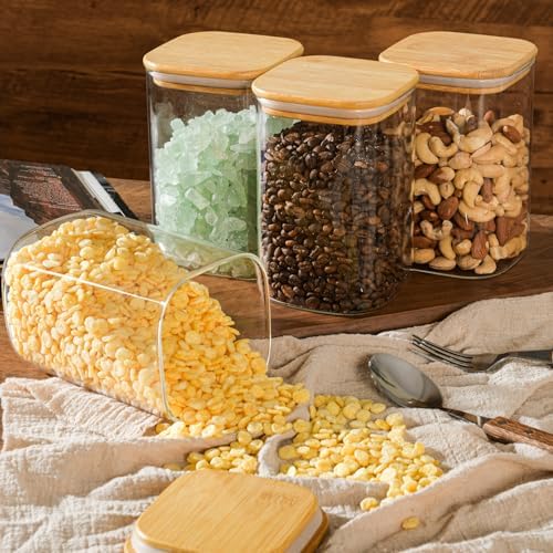 D2scrma 37oz Airtight Glass Square Storage Canisters with Bamboo Lid Set of 6 (1100ml) Stackable Containers, Kitchen Jars for Pantry Noodles, Flour and Coffee beans (with Black Lable) - Image 6