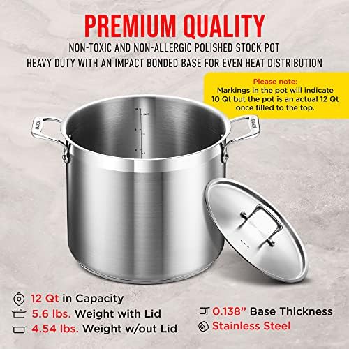 Stainless Steel Stockpot with Lid 12 Quart, Durable 18/8 Stainless Steel, Impact-Bonded Base for Even Heating, Riveted Handles, Oven & All Stove Compatible, Safe Up To 500°F (260°C) - Image 6