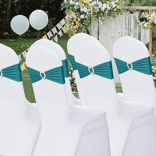 Pack of 60 Spandex Chair Sashes Bows Stretch Chair Cover Band with Buckle Slider Universal Elastic Chair Ties for Wedding Banquet Party Event Decoration (Turquoise) - Image 7