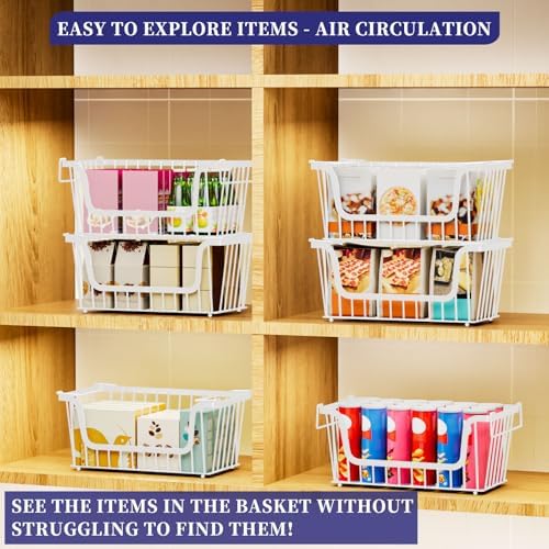 5 Pack Enhanced Leak-Proof Bottom Stackable Wire Baskets, Pantry Organizers and Storage, pantry storage,Shelf Baskets, Fruit Basket, Potato and Onion Storage Bins,(White) - Image 6