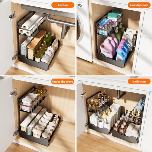 PureBox Under Sink Organizer, 2-Tier L-Shaped Pull Out Cabinet Shelf with 2 Installation Methods, Adjustable Sliding Storage Drawer for Kitchen, Bathroom, Laundry, Metal, Black - Image 6