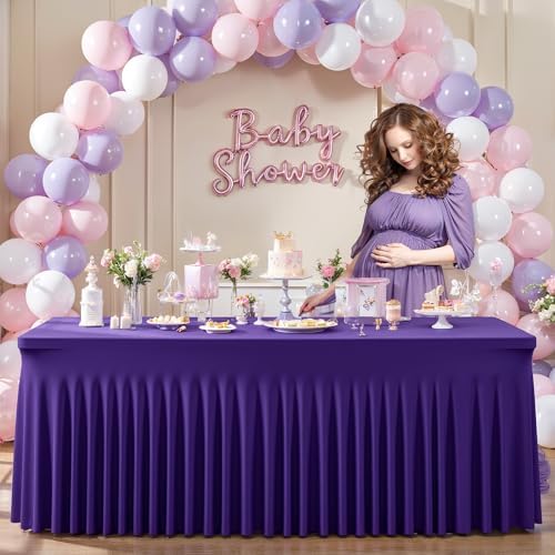 Wish Care 6 Pack Dark Purple Spandex Table Clothes for 8 Foot Rectangle Tables, 8FT Wrinkle Free Fitted Tablecloths Ruffles Design Table Cover for Party, Banquet, Wedding and Events - Image 7