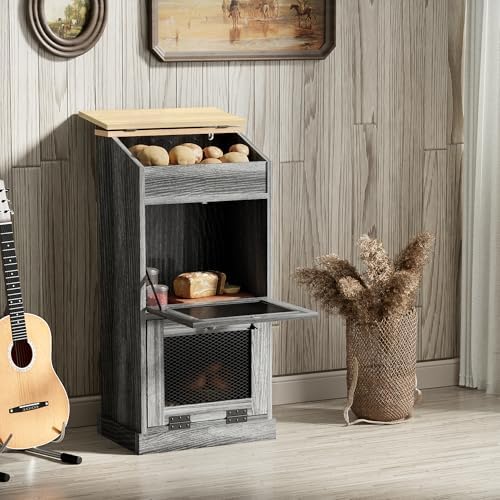 ONG Wooden Potato and Onion Storage Bin Set of 2 - Double Bread Box With Grocery Section and Lid, Grey - Image 7