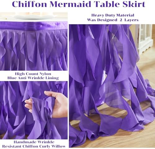 Partisky Mermaid Purple Tulle Curly Willow Table Skirt for Rectangle Table 17ft, Ruffle Tutu Table Cloth for Girls Boys Baby Shower,Mermaid Birthday Party - Image 6