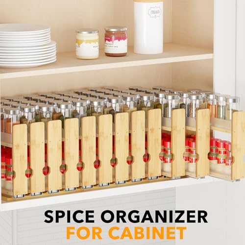 SpaceAid Bamboo Pull Out Spice Rack Organizer for Cabinet, Heavy Duty Slide Out Seasoning Kitchen Pantry Sliding Vertical Organization, 10.1" Wide, 4 Drawers(2" Wide), 2-Tier, Natural - Image 6