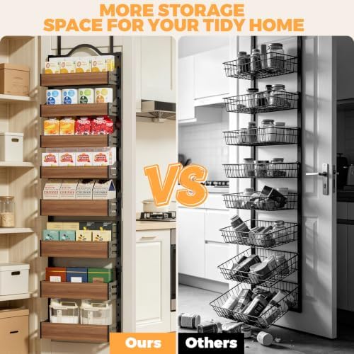 8-Tier Pantry Door Organizer, Over the Door Pantry Organizer with Wooden Adjustable Baskets, 2 IN 1 Spice Rack Wall Mount or Door Organizer, Door Spice Rack(12.4"W x 5.5"D x 66.1"H,1 Pack, Black) - Image 6