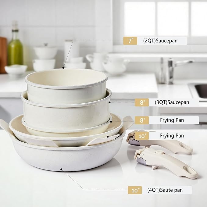 Bonnlo 19 Pcs Nonstick Pots and Pans Set with Lids, Kitchen Cookware Set with Detachable Handle Include Saucepan, Frying and Saute Pan, PFAS PFOA & PFOS Free, RV Induction, Aluminum, Cream White - Image 9