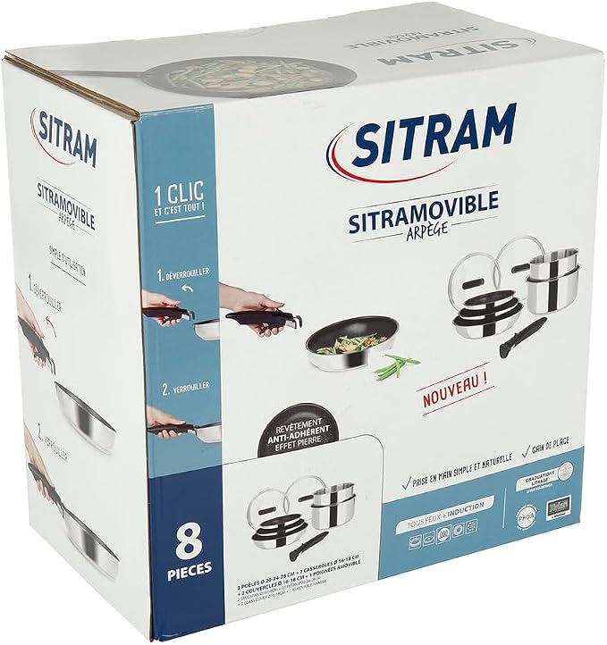 Sitram 8-Piece Stainless Steel Cookware Set: 3 Frying Pans (20-24-28 cm) + 2 Saucepans (16-18 cm) + 2 Glass Lids (16-18 cm) + Removable Handle, Suitable for All Heat Sources - Image 6