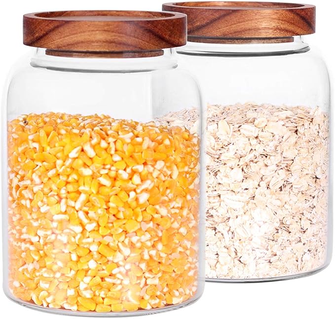 Glass Storage Jars with Airtight Lids, Set of 2 42 FL OZ (1250ml) coffee container with Wooden Lid, Glass Pantry Canister for Beans, Rice, Sugar and etc (6.3 inch high) - Image 7