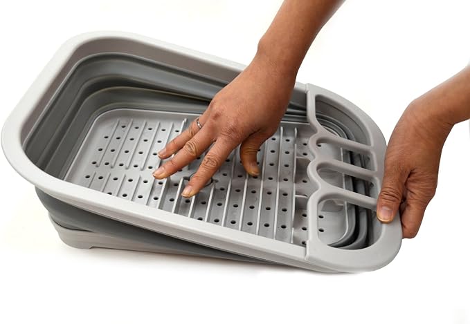 SAMMART Set of 2 Collapsible Dish Drainer with Drainer Board - Foldable Drying Rack Set - Portable Dinnerware Organizer - Space Saving Kitchen Storage Tray (2, Grey) - Image 8