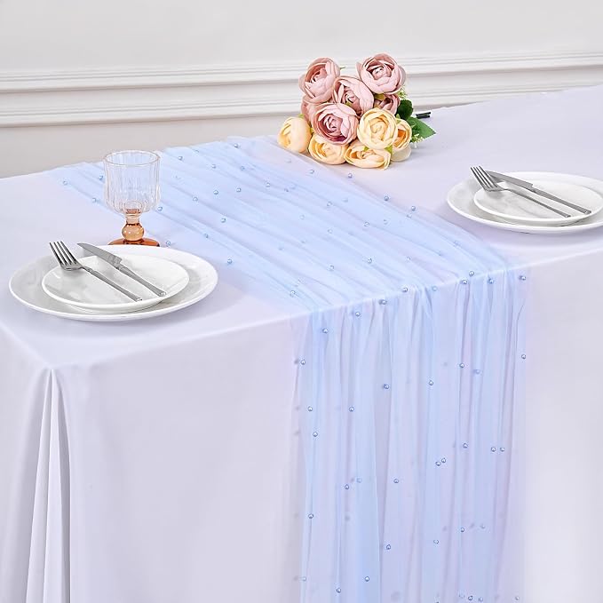 Pearl Tulle Table Runner 10ft Set of 6 Bulk Sheer Lace Boho Glitter Fabric - Image 8