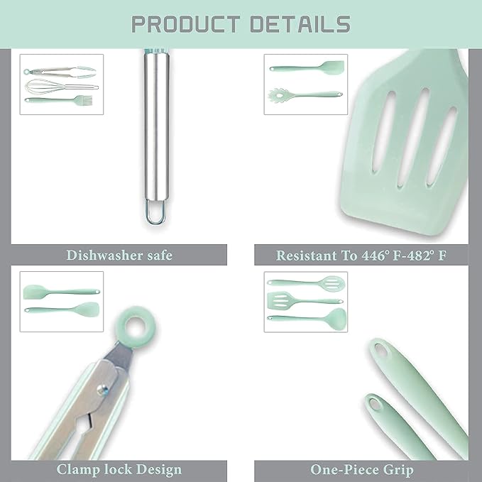 K & G Silicone Cooking Utensils Set of 11 Pieces Food Grade, Heat Resistant Green Kitchen Utensils Set Non-Stick Dishwasher Safe, Odourless and Cookware Friendly utensils - Image 8