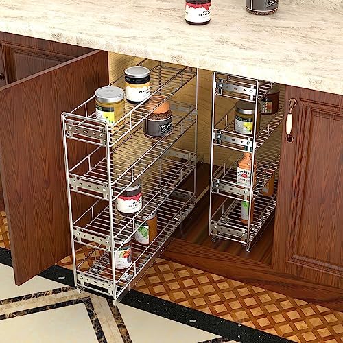 OCG 4-Tier Pull Out Kitchen Cabinet Spice Rack Holder Shelves (8" W x 21" D), Slide Out Slim Storage Wire Baskets for Storage Organization, Narrow Slide Out Storage for Narrow Space - Image 4