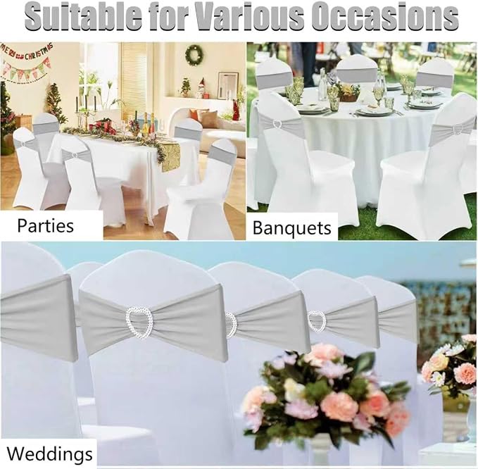 Silver Grey Chair Sashes 50 Pack Spandex Grey Sashes for Chairs Covers Universal Stretch Chair Sashes Band with Heart Buckle Slider for Wedding Banquet Party Decorations - Image 7