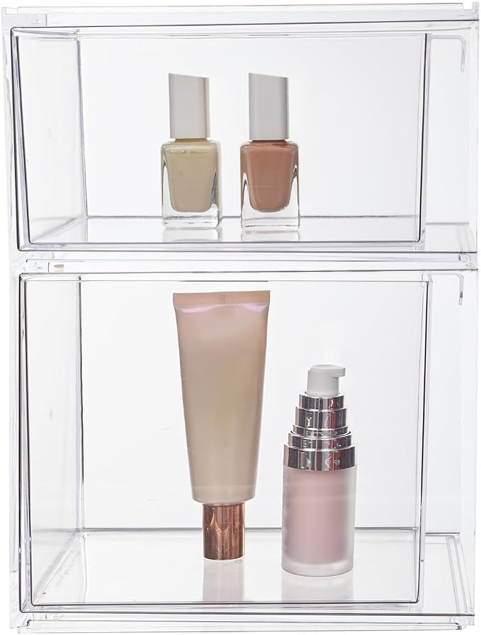 STORi Audrey Stackable Clear Bin Plastic Organizer Drawers | 2 Piece Set | Organize Cosmetics and Beauty Supplies on a Vanity | Made in USA - Image 8