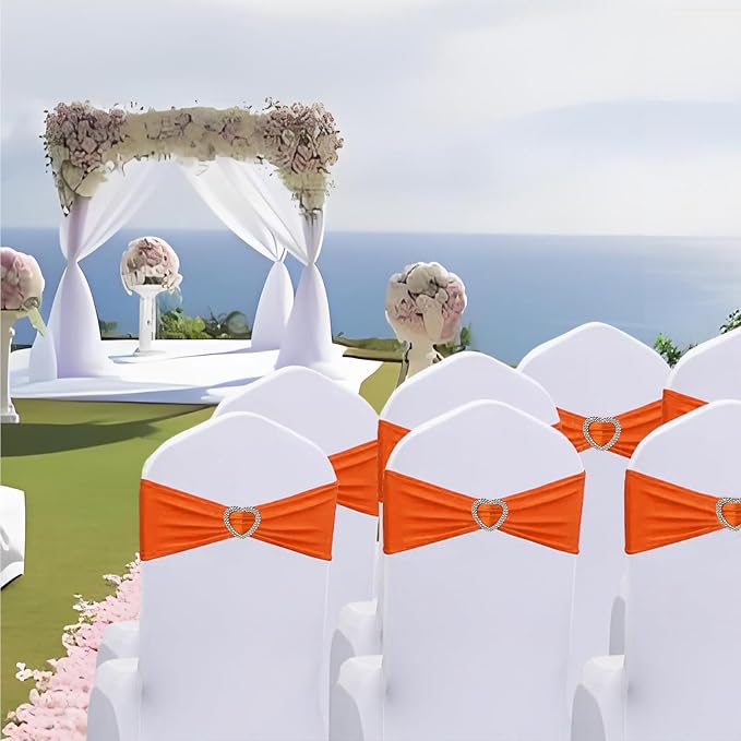 Orange Chair Sashes 25 Pack Spandex Orange Sashes for Chairs Covers Universal Stretch Chair Sashes Band with Heart Buckle Slider for Wedding Banquet Party Decorations - Image 7