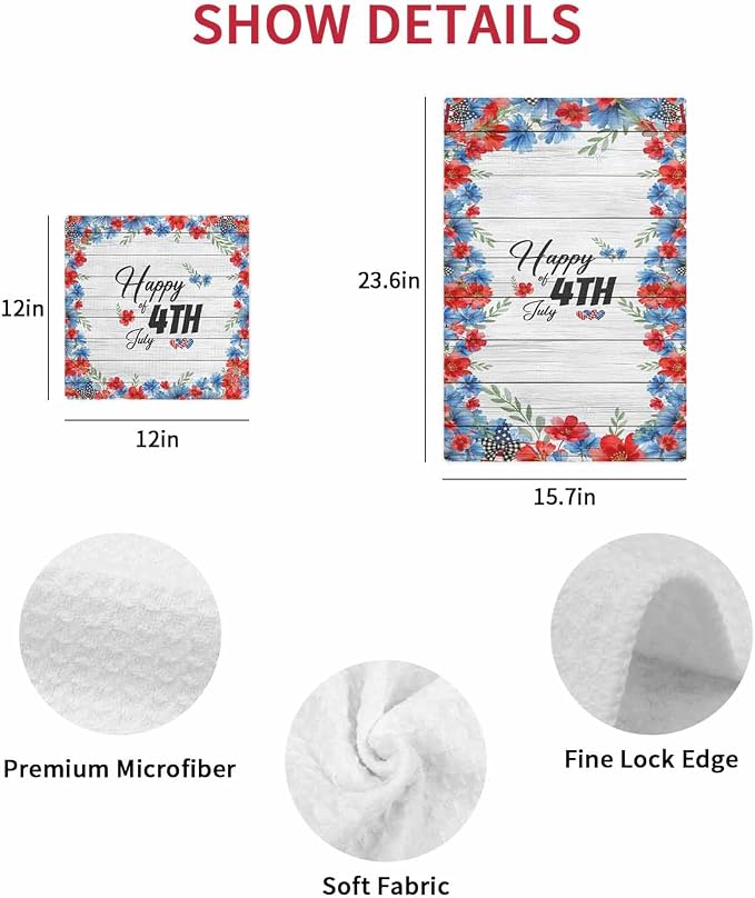 Independence Day Dish Towels Set, Waffle Weave Kitchen Towels 2 Pieces, USA Flag Flowers Leaves Grey Wood Grain Microfiber Hair Face Bath Tea Towel Absorbent Quick Drying Cleaning Dish Cloths, 12"x12" - Image 7