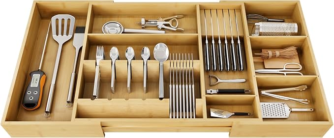 Bamboo Silverware Drawer Organizer, 17.72-29.53 Inch Expandable Large Kitchen Drawer Organizer, 5-8 Slot Flatware with Removable Card Slots & Knife Block for Spoon Butter Knive, Natural - Image 8