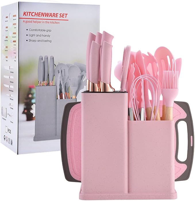 19 Pcs Kitchen Cooking Utensils and Knife Set with Block, with 11 Piece Silicone Cooking Utensils Set 5 Pcs Sharp Stainless Steel Chef Knives Scissors Whisk Tongs and Cutting Board (Cherry Pink) - Image 9