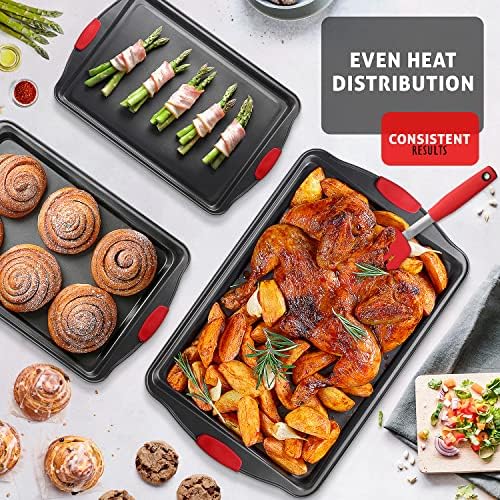 Baking Sheet Set, 3-Piece Cookie Sheet Set with Silicone Handles, Steel Baking Pan, Durable Baking Sheets for Oven, BPA Free Cookie Sheets for Baking Nonstick Set, Premium Sheet Pan, Black Baking Tray - Image 6