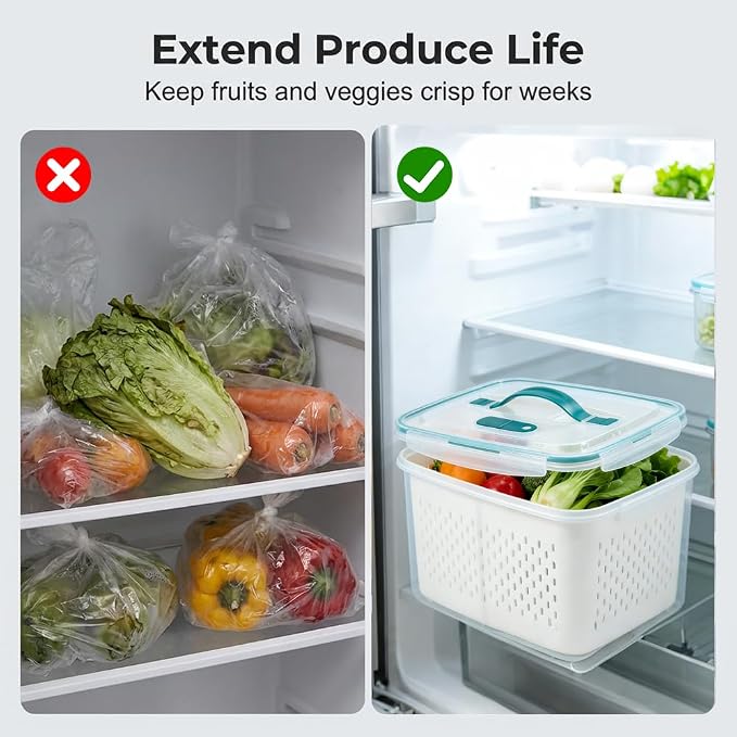 Fruit Storage Containers with Removable Colander (Green 6PCS, Large) | Leakproof Produce Containers for Fridge, Produce Storage Containers, Fridge Organizers and Storage for Fruit, Vegetables - Image 8
