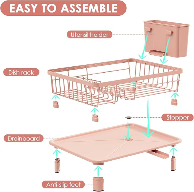 GAOKASE Dish Drying Rack, Stainless Steel-Dish Rack, Dish Racks for Kitchen Counter, Kitchen Dish Drainers with Removable Utensil Holder,New Drain Outlet,Plate Rack and Drainboard,(Pink-11 W x 15" L) - Image 7