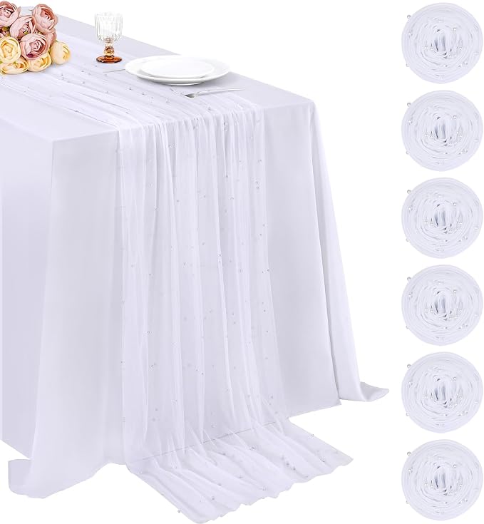 Pearl Gauze Table Runner Sheer Tulle Fabric Set of 6 White Lace Table Decor - Image 8