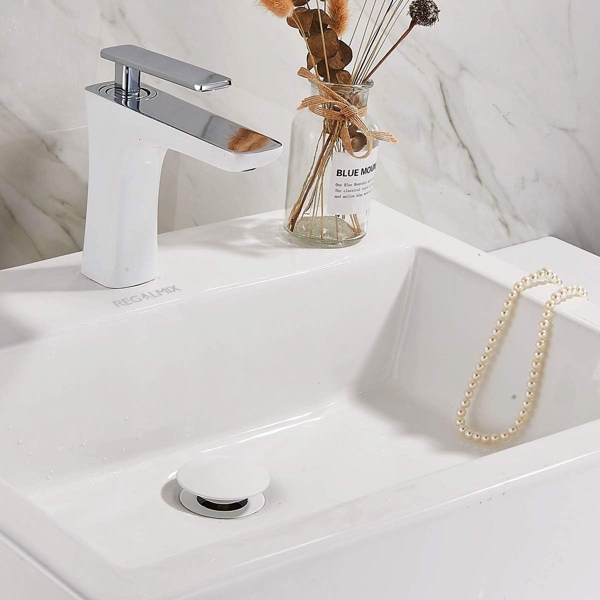 Pop Up Drain, Bathroom Faucet Vessel Vanity Sink Drain Stopper, Built-in Anti-Clogging Strainer, Without Overflow White,Fits Standard American Drain Hole(1-1/2" to 1-3/4") RWF082E